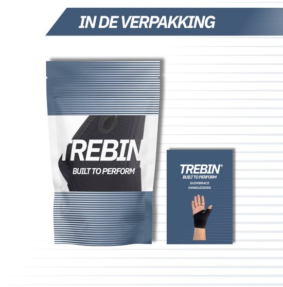 Verpakking van zwarte Trebin duimbrace met de tekst 'Built to Perform' en een handleiding.