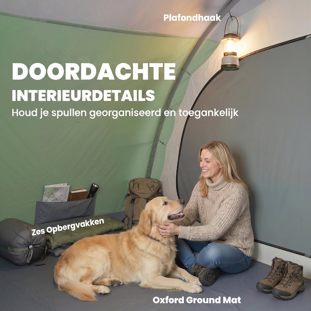 Familietent - 4-6 personen - Tunneltent met twee slaapkamers - Inclusief waterdichte regenhoes (3000 mm) en opbergtas - Eenvoudig op te zetten - Lichtgewicht en ademend - Voor Camping & Outdoor - 505x390x196 cm- Groen – foto 5