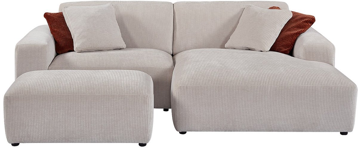 Vente-unique Hoekbank met hoek rechts en poef van beige ribfluweel TIRONO van Maison Céphy