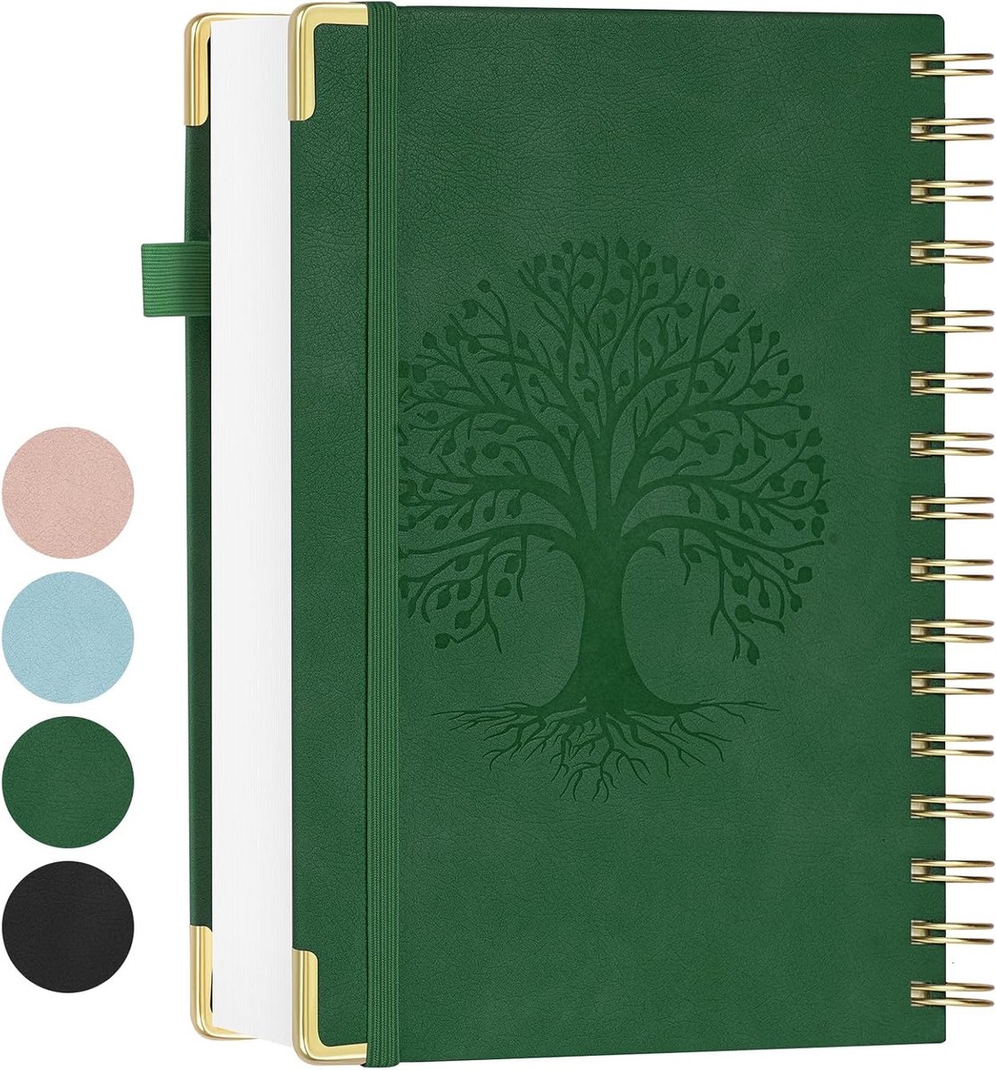 A5 Lined Notitieboek met Spiral Binding, Hardcover Agenda met 300 Pagina's, Dikke 100gsm Papier voor Studie, Kantoor en Reizen - Groene Leerlook