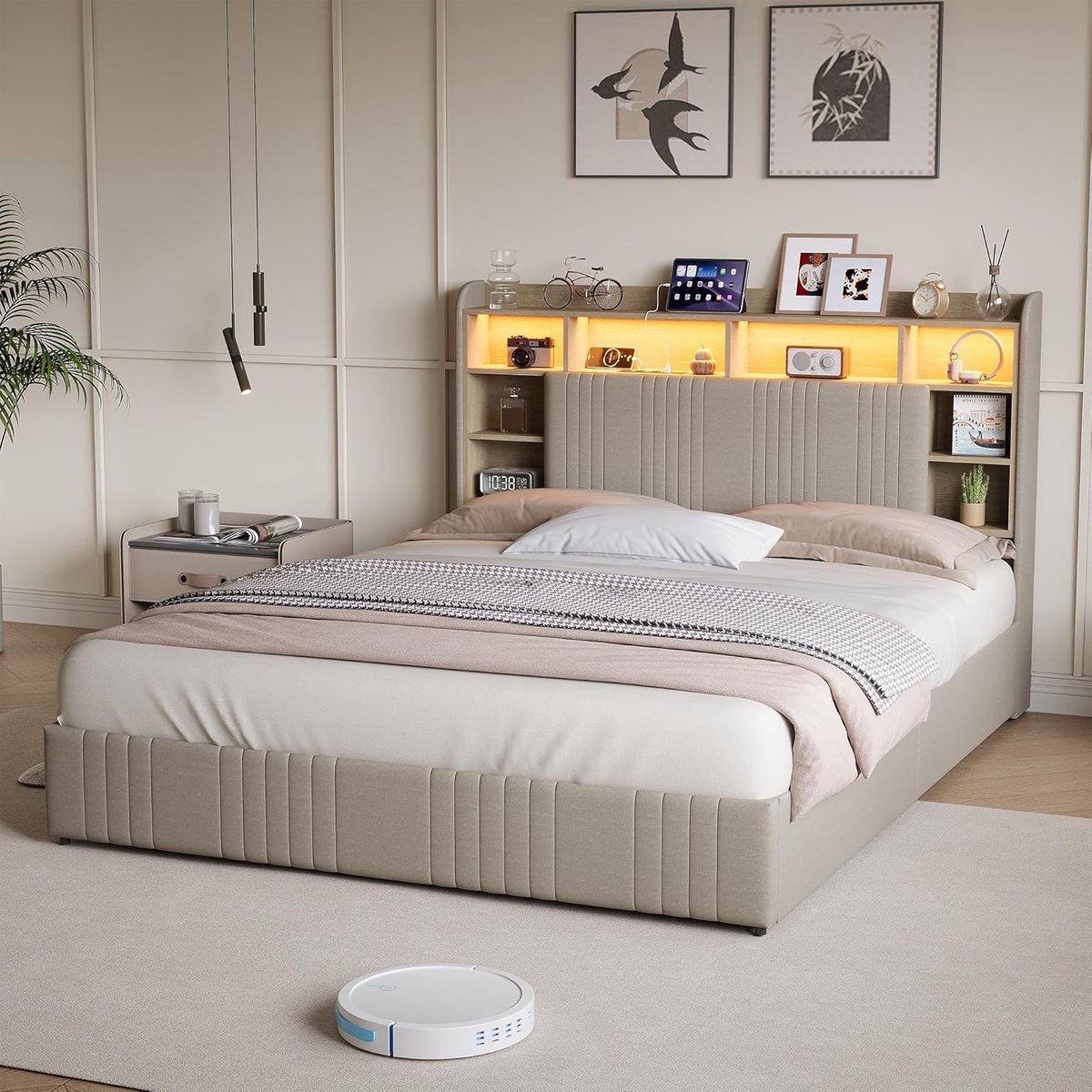 Luxora Elite Opberg Boxspring Bed 160x220 cm met LED Verlichting, 4 Lades, USB Opberghoofdbord en Metalen Houten Frame – Luxe Tweepersoons Gestoffeerd Bed met Lattenbodem – Beige