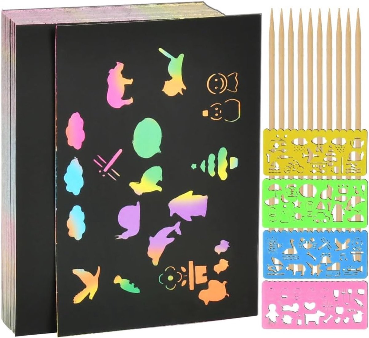 100 vellen teken- en kraspapier voor kinderen, creatieve krasbladen, knutselen, schrijven, 4 tekeningen en 10 houten markers in regenboogkleuren