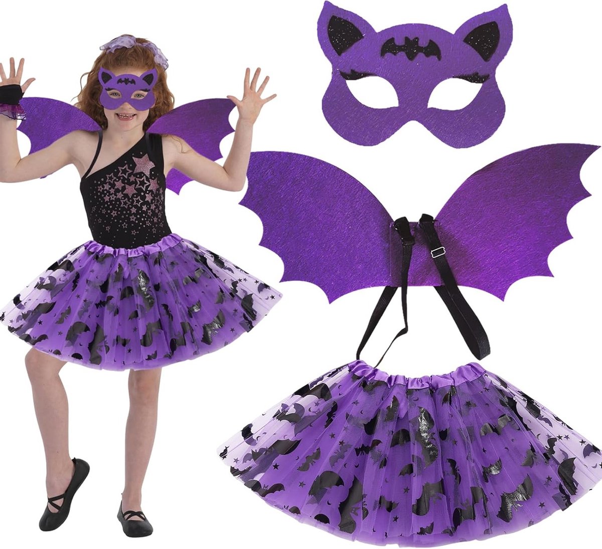 3-delige vleermuis kostuum voor meisjes met vleugels - Halloween kostuum voor kinderen, carnaval en cosplay feestjes