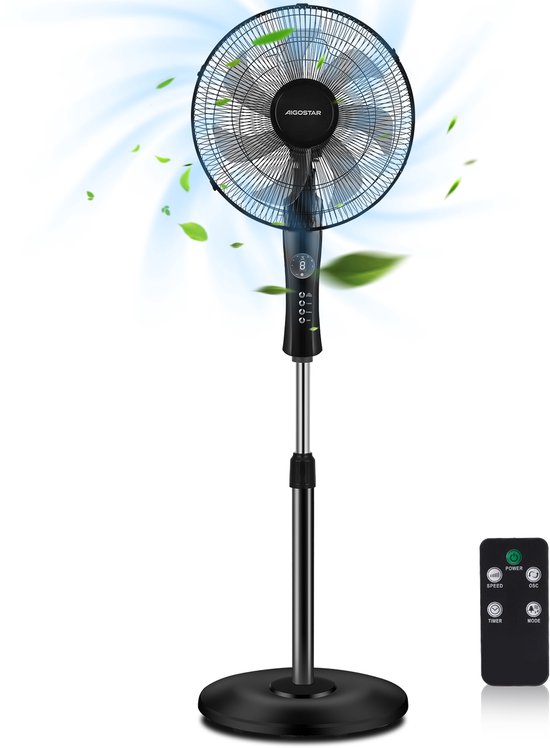 Staande ventilator Aigostar Dave 55W, 7 bladen, 3 snelheden, afstandsbediening, oscillerend, stil, verstelbaar, zwart