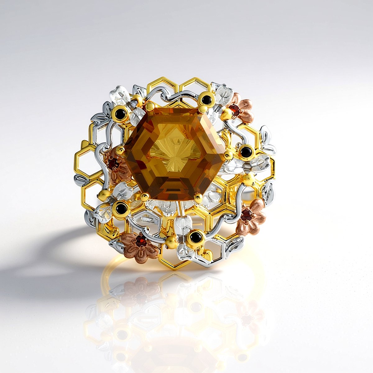 Cavill - Zilveren Ring met 9,225 ct Citrien & Mozambique Granaten - 925 Sterling Zilver Palladiumlaag - Elegante Moderne Zeshoekige Ring