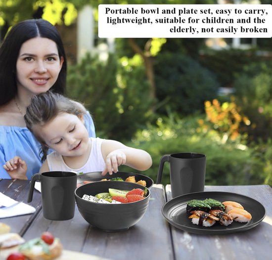 Plastic servies sets 24pcs voor 6, herbruikbare borden en kommen sets, schotel set omvatten diner borden, dessert bord, ontbijtgranen kommen, kopjes voor thuis, tuin, picknick, camping, zwart — afbeelding 2