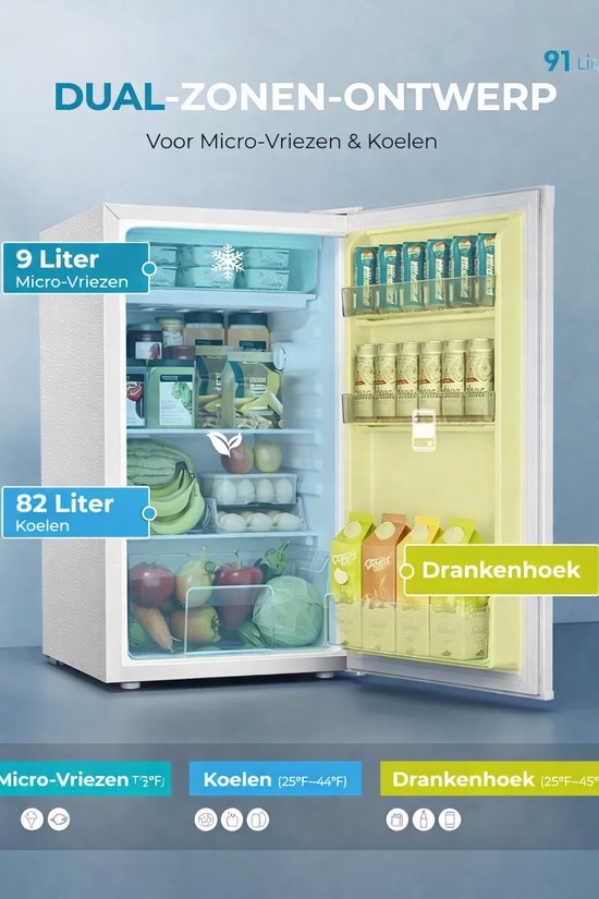 Celestul Minikoelkast 91 Liter - Mini Koelkast Stil 38dB - Compacte Koelkast met Thermostaat - Voor Slaapkamer - Kantoor & Studentenkamer - Wit — afbeelding 4