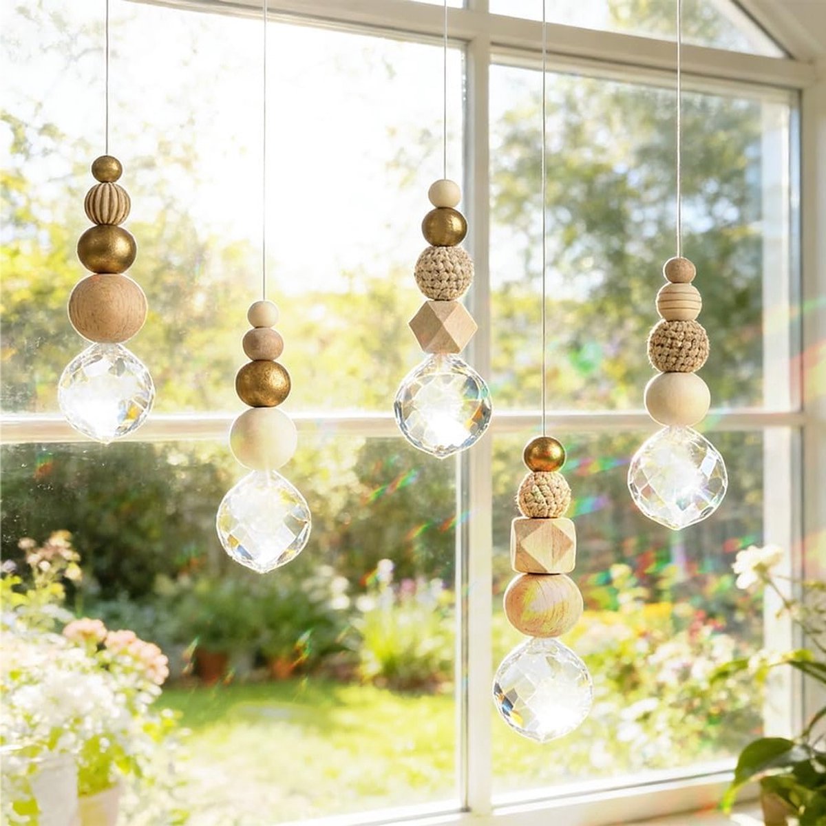 Set van 5 Kristallen Zonnevangers voor Raamdecoratie, Hangende Glas Windspelen en Lichtvangers als Uniek Cadeau voor Kantoor en Auto