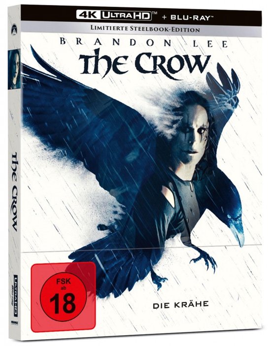 Limited Steelbook editie van The Crow, met Brandon Lee als de kraai en FSK 18 rating.