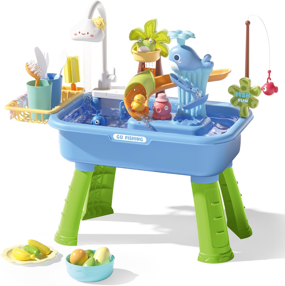 Rain Showers Splash Pond Watertafel - Verstelbare Hoogte - Met Speelgroenten, Serviesgoed En Visspel Accessoireset - Waterspeelgoed Voor Kind - Activiteitentafel Met Water Voor De Tuin / Buiten - Blauw