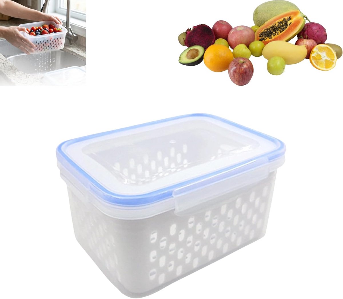 4-in-1 voedselbewaarcontainer, fruitbewaarcontainer Geschikt voor de koelkast, productbewaarcontainer met deksel en zeef (inclusief uitlekmandje), groot