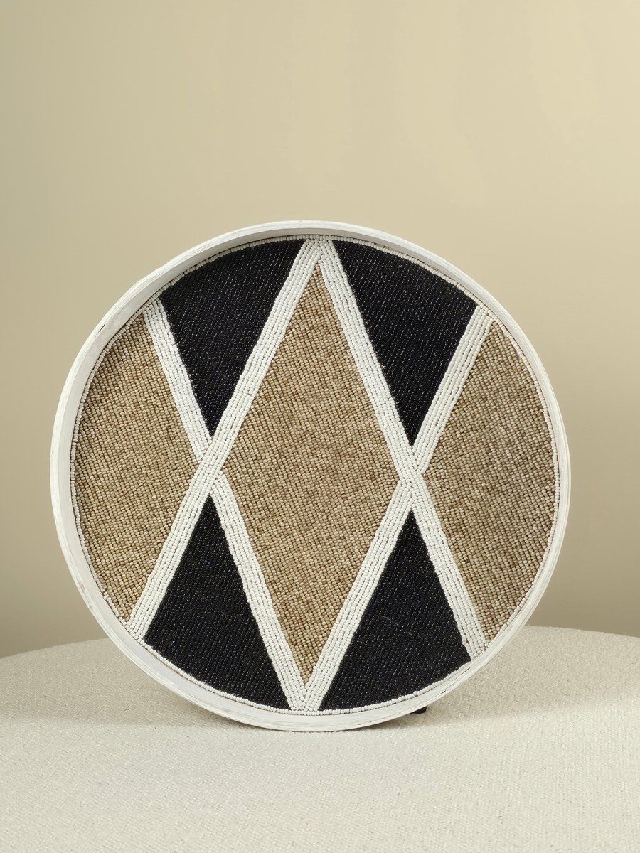 Blitzdeco - Decoratief Kralen Dienblad - Hugo - Handgemaakt Patroon - Zwart Beige Wit - Large