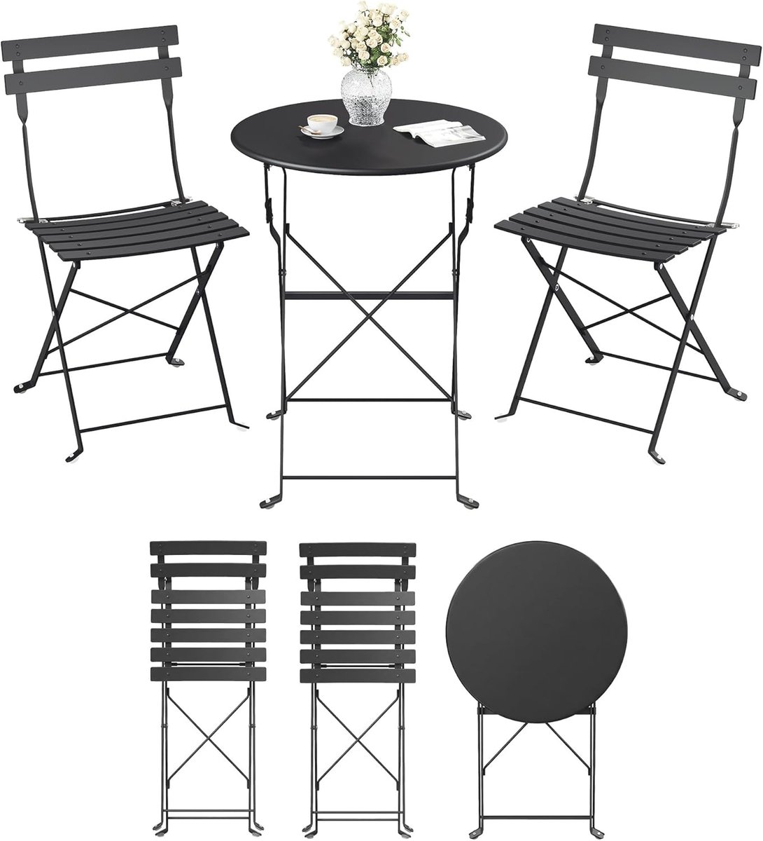 Furnstar Balkonmeubelset – Tuinmeubelset - Terrasmeubel -3-delig – Inklapbaar – Tafel + 2 Stoelen – Weerbestendig – Inktzwart