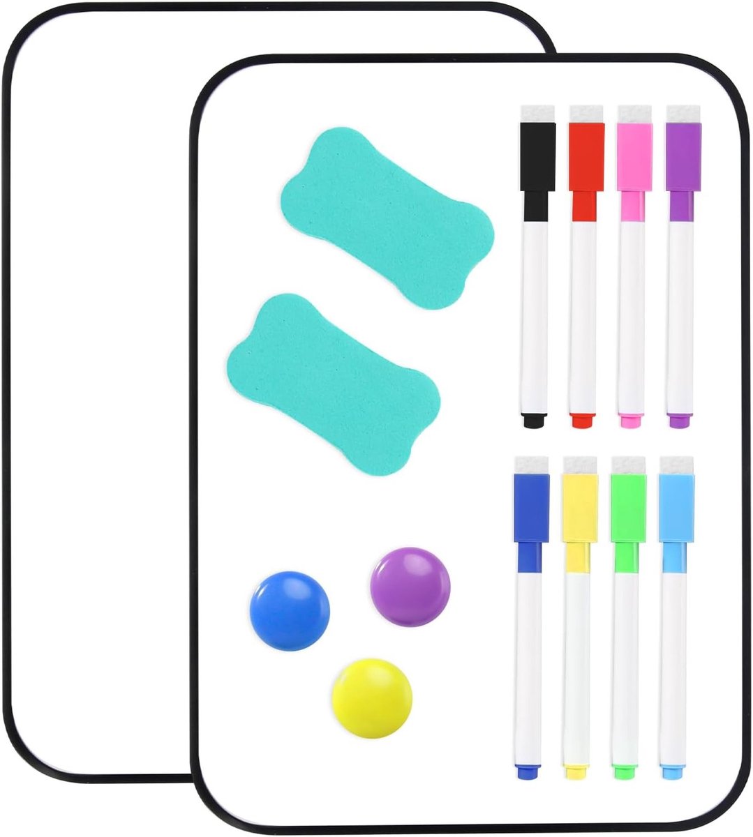 Dubbelzijdig A4 Magnetisch Whiteboard Set van 2 - Inclusief Drooguitwisbare Stiften, Wisser en Magneten (30 x 21 cm)