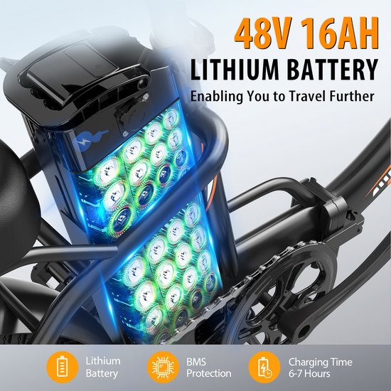 ZAZAWORK C16 Elektrische Fiets - Actieradius tot 50 km - Afneembare 48V 16Ah Batterij - 250W Motor - 7 Versnellingen - 20 Inch Opvouwbare E-Bike - Wit van Merkloos — afbeelding 5