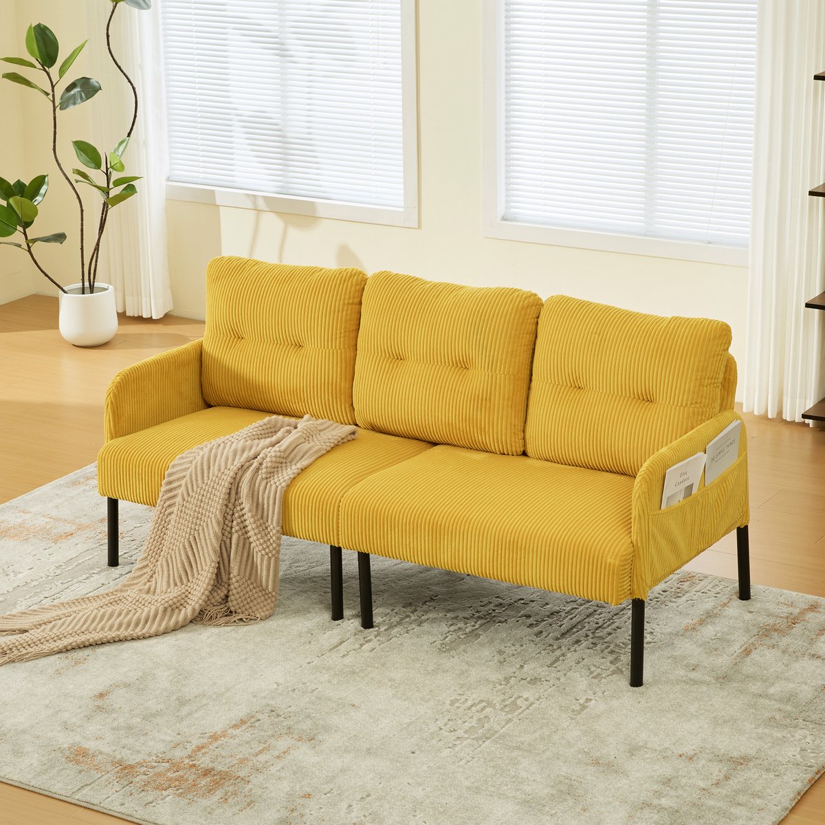 FloraGrace 3-Zitsbank 171 x 72 x 80 cm - Met Zijvakken & Ergonomische Rugleuning - Voor Woonkamer - Cord - Geel