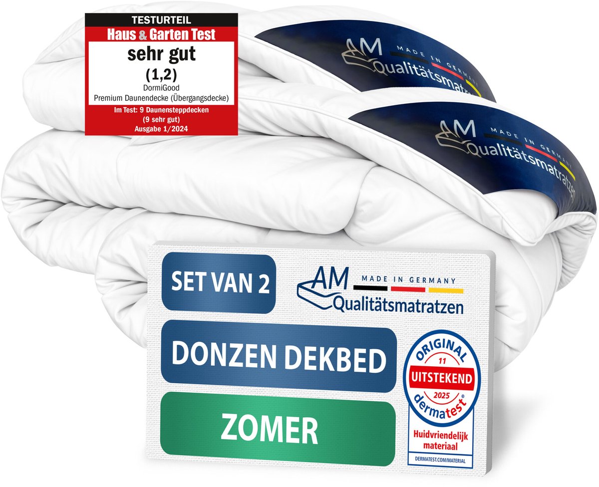 AM Qualitätsmatratzen - 100% dons - Set van 2 Hoogwaardig donzen zomerdekbed 135x200 - Zomerdekbed 135x200 cm - Mee-ademend donsdekbed voor in de zomer - Inlegwerk van katoen