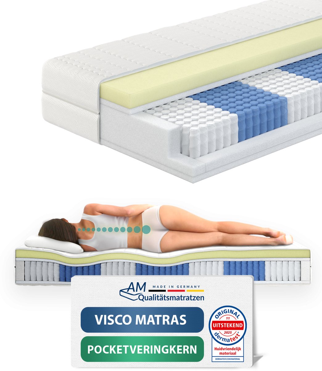 AM Qualitätsmatratzen Premium traagschuim matras 160x200cm - Zacht (H2) - 1000 veren - Pocketveringmatras - Matras met geïntegreerde 6cm traagschuim deklaag - 24cm hoogte - Made in Germany Wit