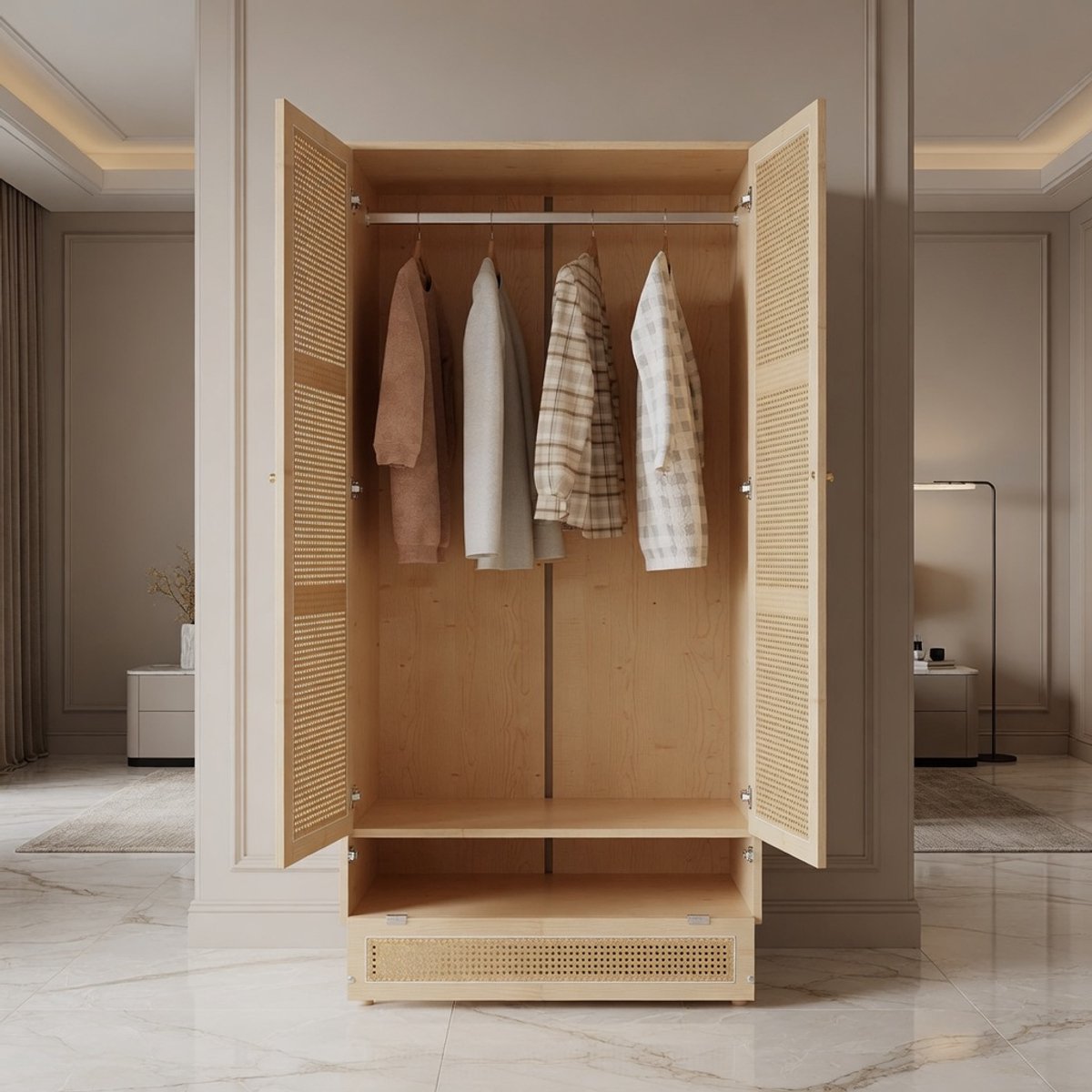 Luxe Rotan Kledingkast 2-Deurs met Kledingstang en Opbergruimte – Natuurlijke Design Garderobekast met Flip-Top Opbergvak – Moderne Slaapkamerkast / Woonkamerkast 90x45x183 cm Naturel Mobili Bella