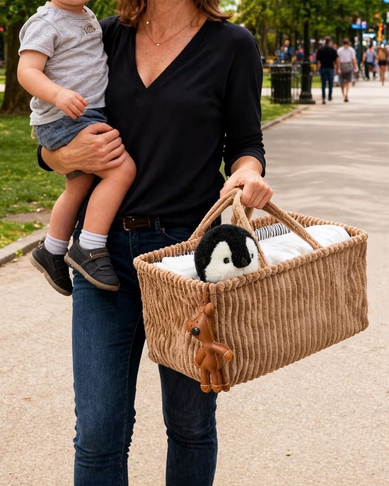 Opvouwbare Luiertas Organizer Bruin - Corduroy Luiermand met Vakken en Verdelers - Baby Opbergmand voor Luiers, Doekjes en Accessoires - Draagbare Nursery Caddy van Merkloos — afbeelding 3