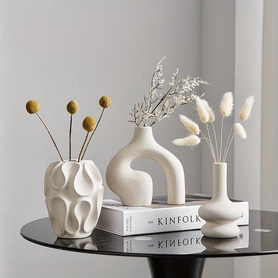 3-delige keramische vaas set - Moderne Noordse minimalistische ronde en donut-vormige, geometrische patronen, wit