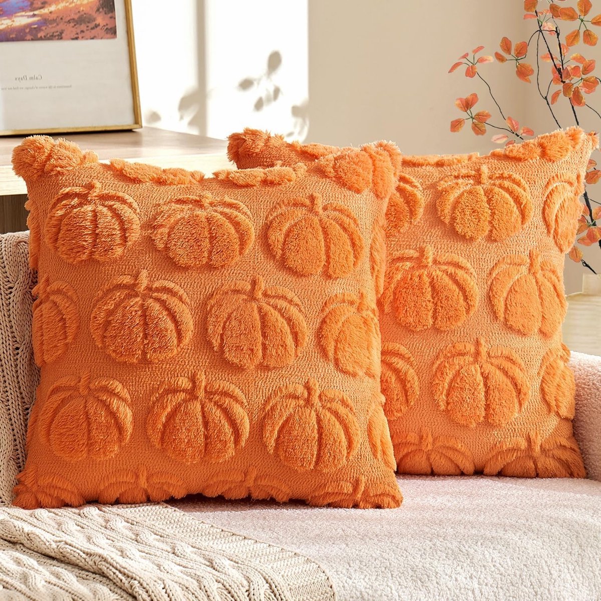 Set van 2 Pompoen Kussenhoezen voor Herfstdecoratie, 45x45cm Zachte Pluche Kussenhoezen voor Halloween en Thanksgiving, Ideaal voor Huisdecoratie en Feestelijke Sfeer
