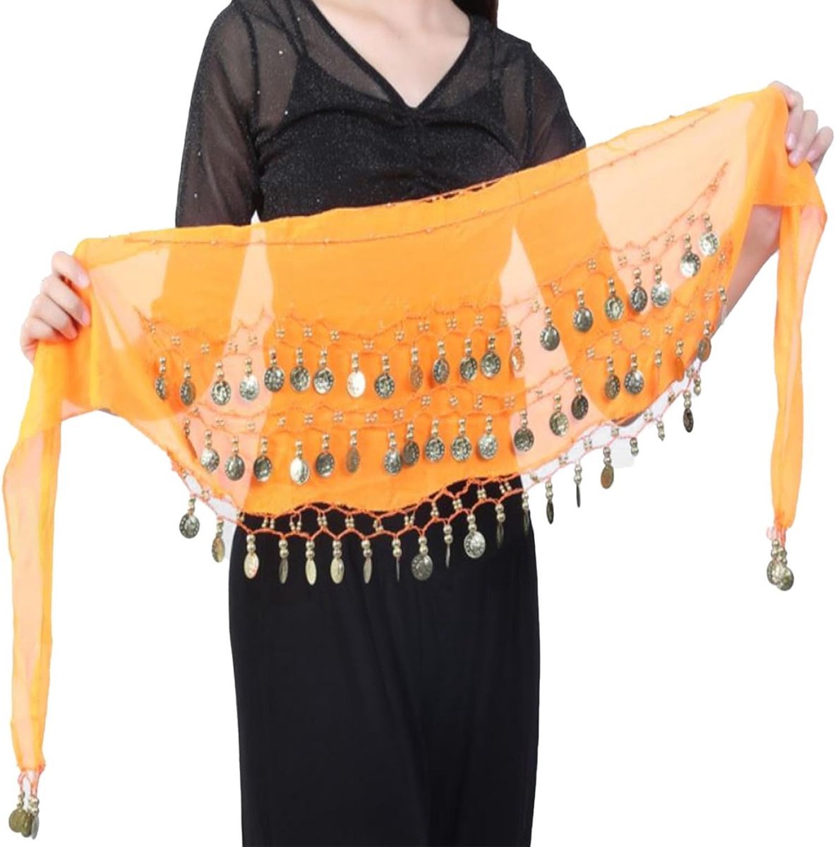 Elegante Heup Sjaal met Munten, Perfect voor Buikdans, Podiumoptredens en Feestjes (Oranje)