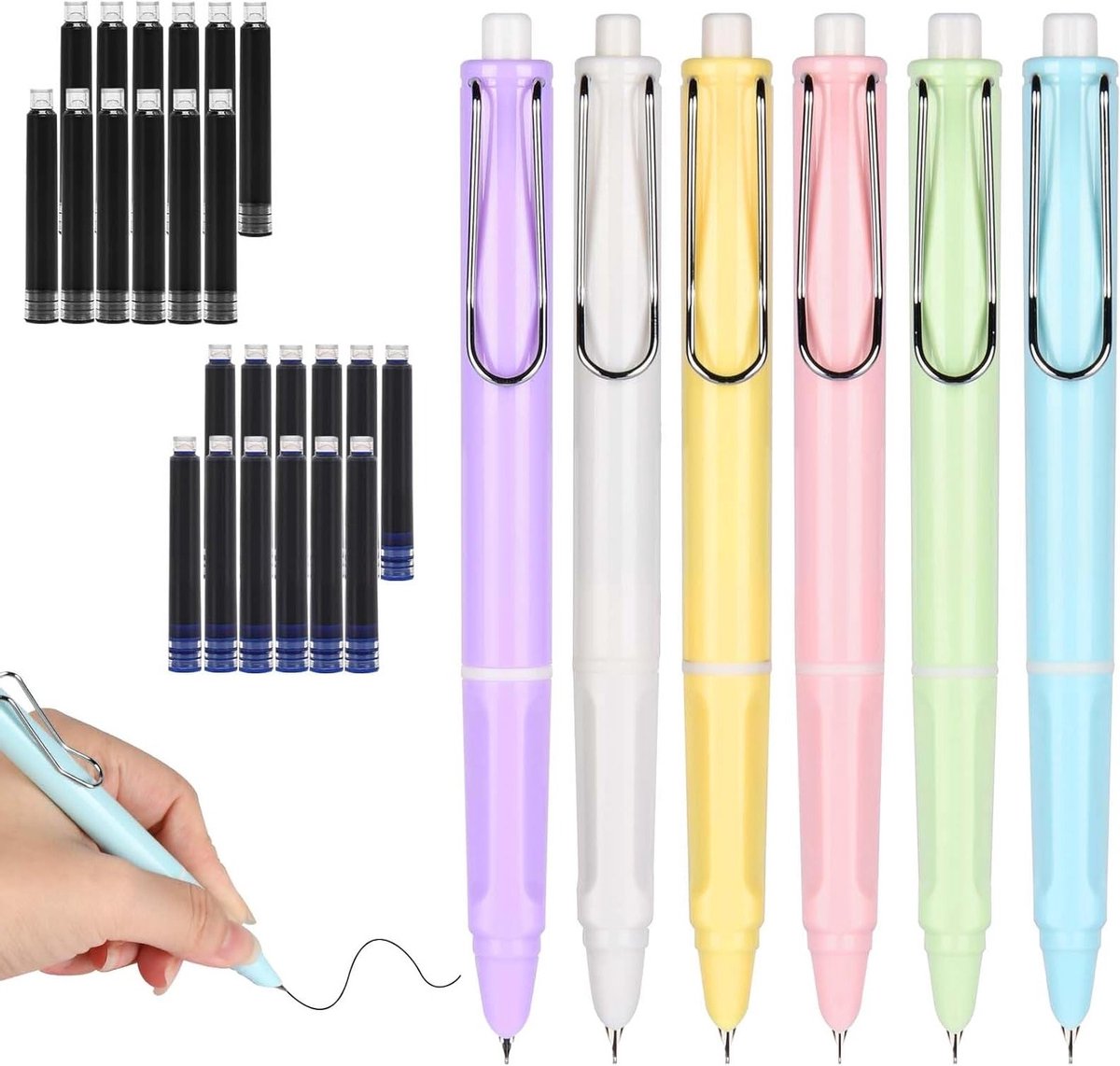 Verstelbare vulpen set van 6 stuks met navulbare inkt, 0.38mm punt, zachte grip voor soepel schrijven en tekenen, ideaal voor school en kantoor
