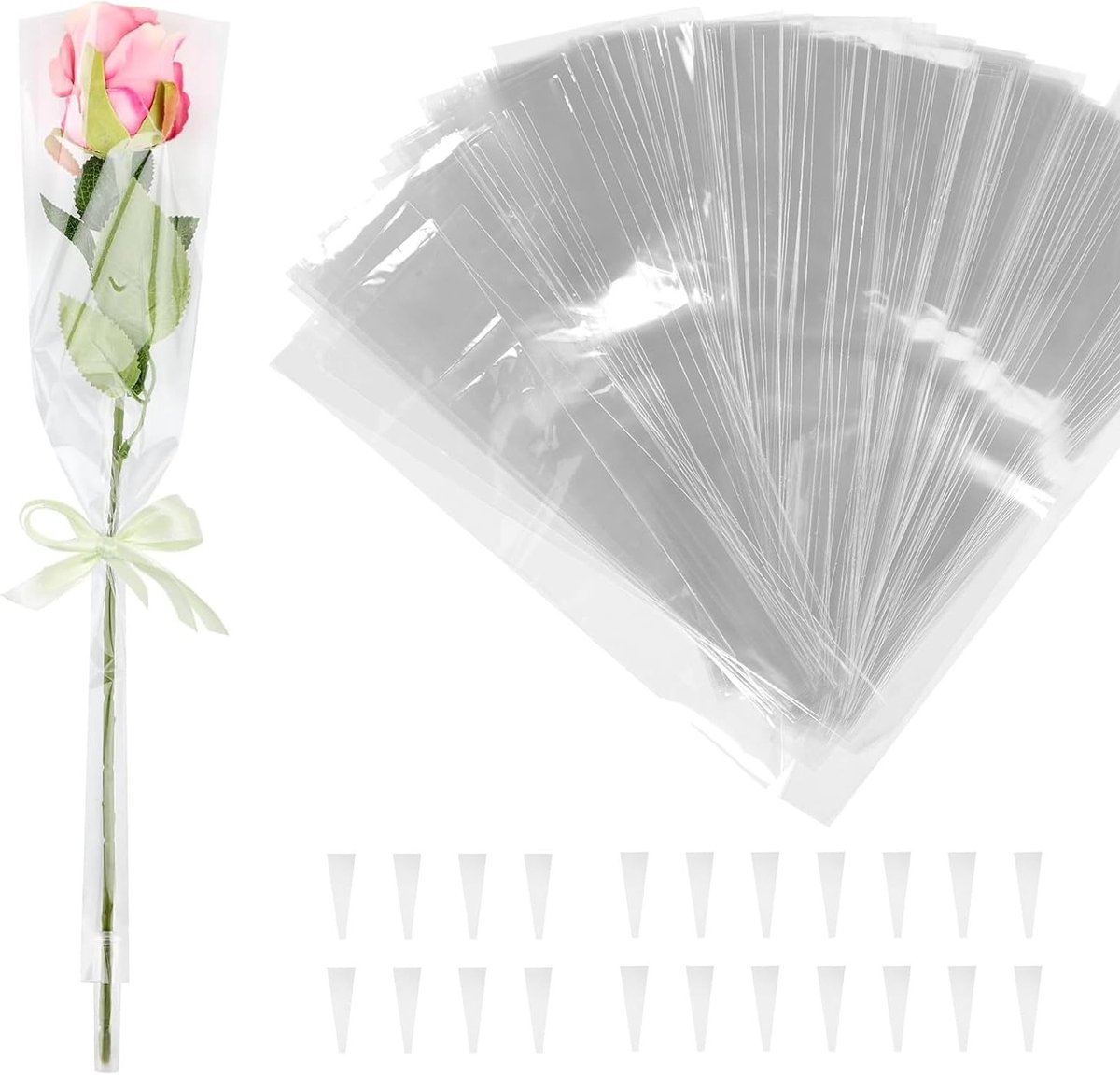 300 Stuks Roze Bloemen Verpakkingszakken voor Boeketverpakking - Transparante Papieren Tassen voor Rozen en Geschenken