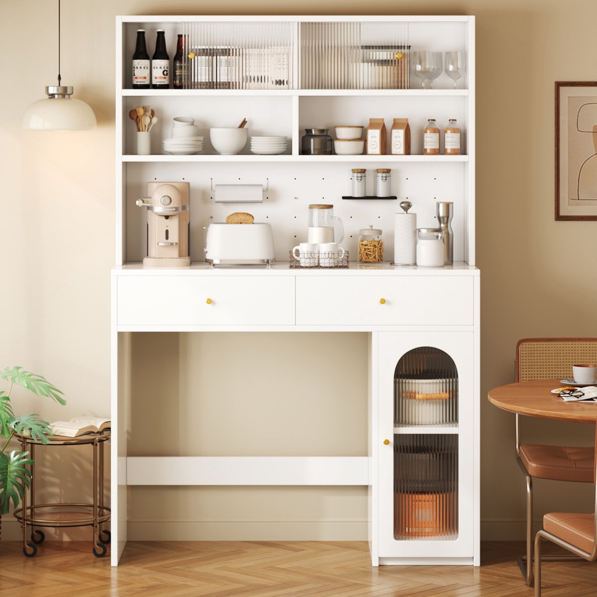 BLACKCOLORS Keukenkast met werkblad, dressoir en hoge kast, geïntegreerde barfunctie, met hakenrail, 2 lades, verstelbare legplank en open opbergruimte, keuken- en eetkamermeubels in wit