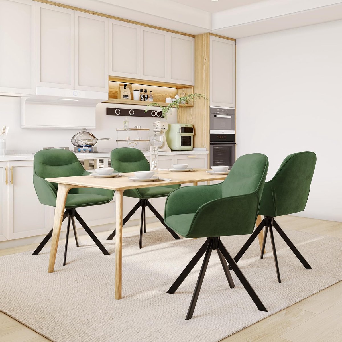Draaibare Eetkamerstoel Set van 2 met Armleuningen 52,5x52,5x83 cm greon – 360° Gestoffeerde Keukenstoel, Comfortabele Stoel met Metalen Poten, Ergonomische Rugleuning voor Eetkamer Keuken Kantoor – Vermissen