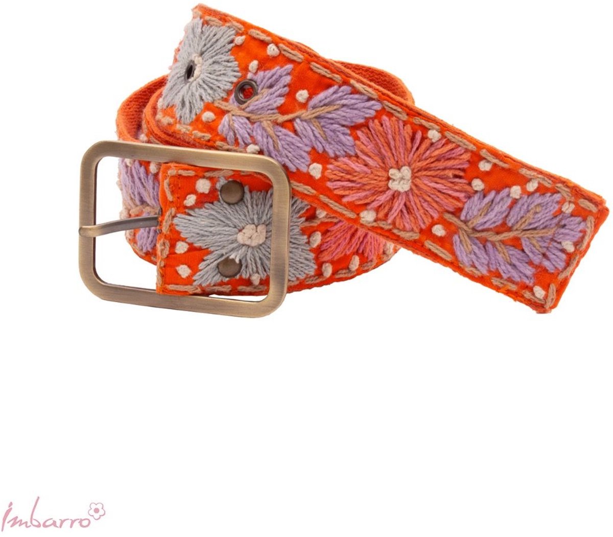 Imbarro Riem Fie – Handgeborduurd – 100% Katoen – 110 cm – Multicolor Oranje – Bohemian Eyecatcher – Unieke Taille Riem