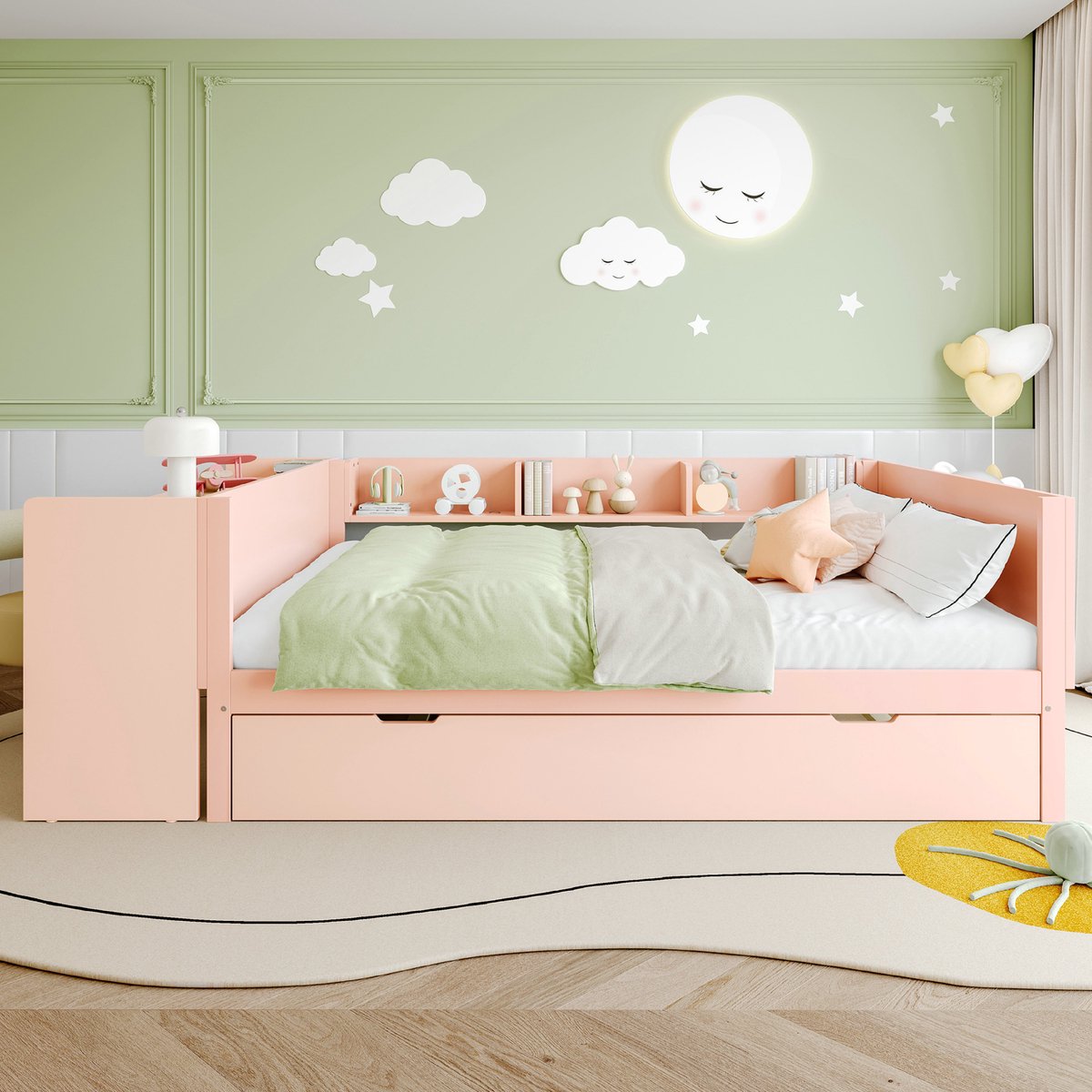 VVBV Tweepersoonsbed 140x200 / Opbergbed – Grenenhout – met Opbergruimte – Roze – Zonder Matras – met Bureau, Opbergvakken en Uitschuifbed