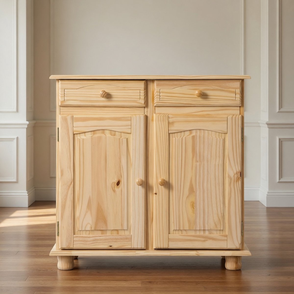 Landelijke Sideboard Buffetkast – Massief Grenen Dressoir met 2 Deuren & 2 Laden – Naturel Gelakt – Landhuisstijl Commode Opbergkast voor Woonkamer & Eetkamer – 88x43x87 cm – Mobili Bella