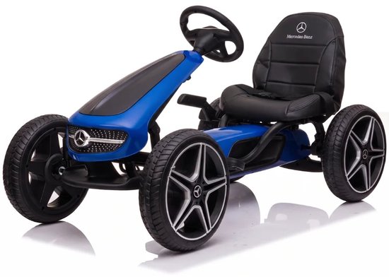 Blauwe skelter met zwarte leren stoel, Mercedes-Benz logo, stuur en velgen met ster.