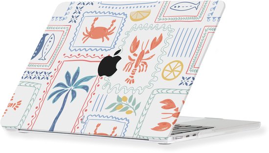 MacBook Pro 14 inch hoes met een patroon van schelpen, kreeften, citroenen en palmbomen. Het Apple-logo is zichtbaar.