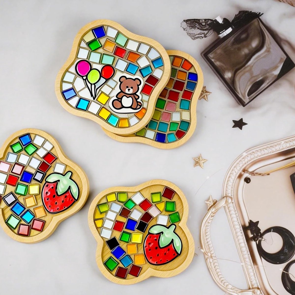 Set van 4 Bamboe Mosaïek Onderzetters voor Drankbekers, Planten en Creatieve Projecten