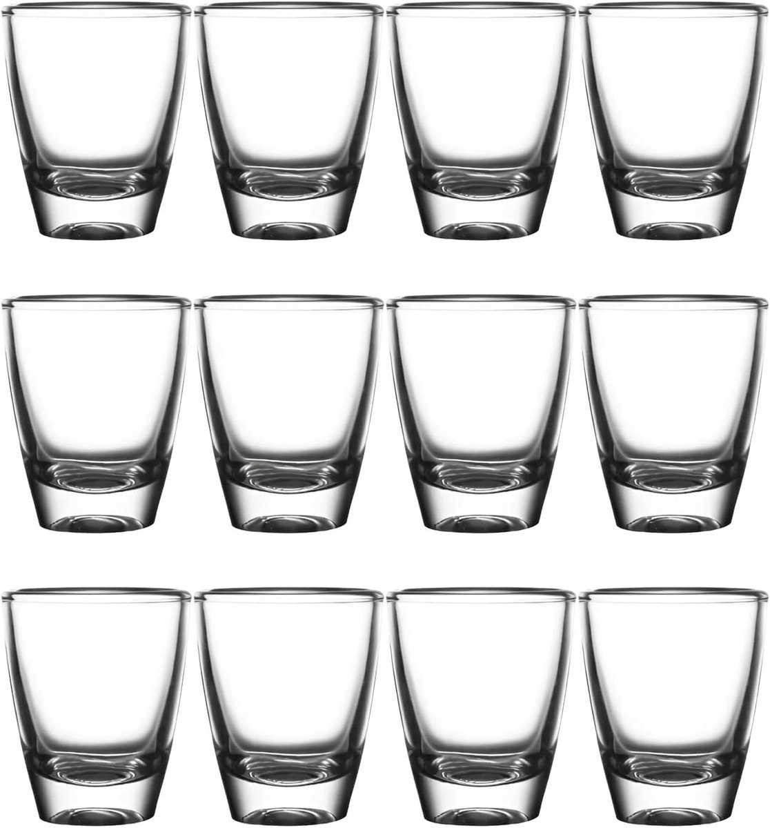 Set van 12 eivormige shotglazen van 35ml, helder glas, stevige glazen voor whiskey en tequila, vaatwasserbestendig, uniek ovaal ontwerp voor feesten en thuisgebruik