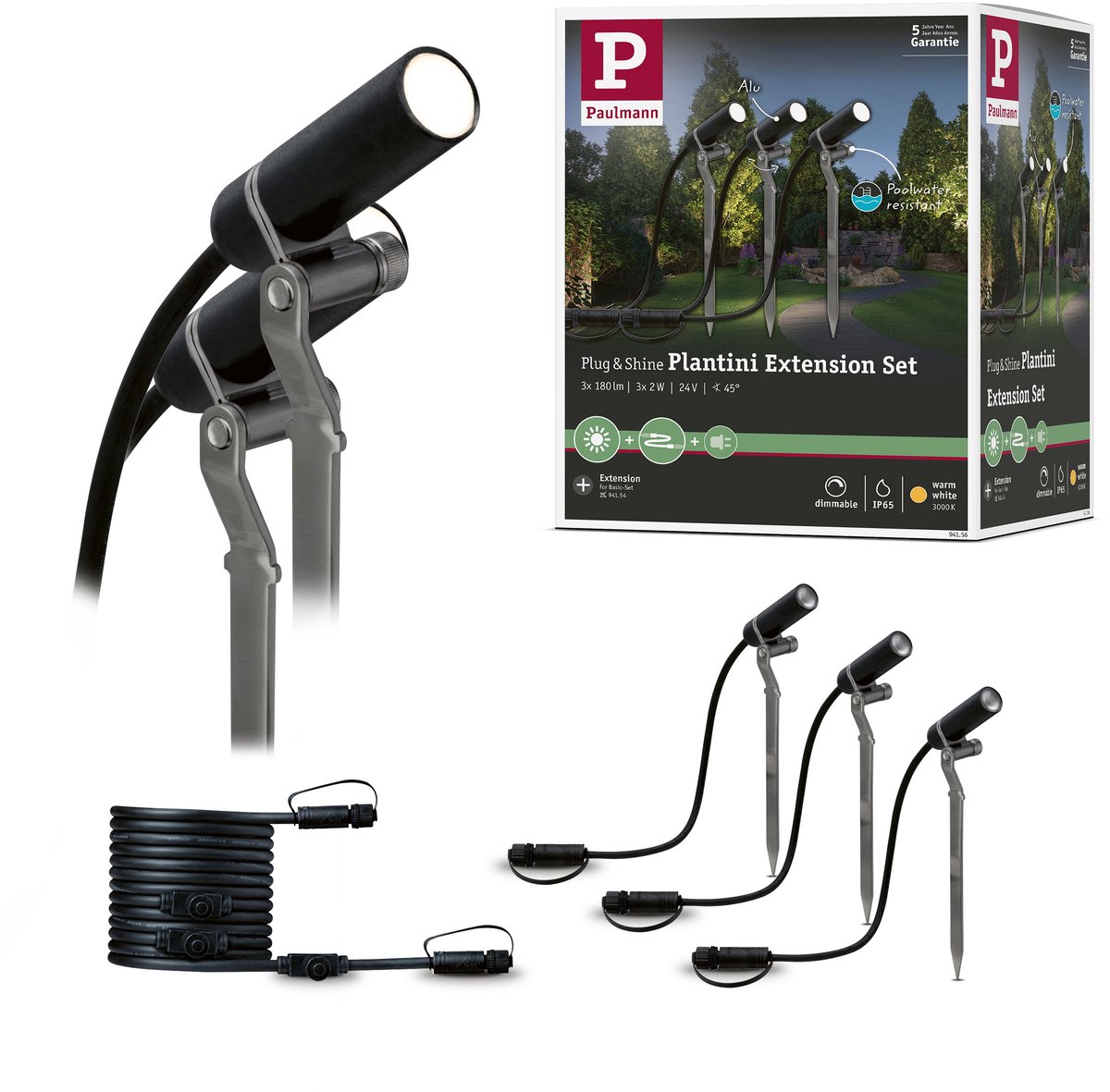 Paulmann Plantini 94156 Verlichtingssysteem Plug&Shine LED-tuinspot uitbreidingsset Set van 3 stuks LED 7.5 W Warmwit Antraciet