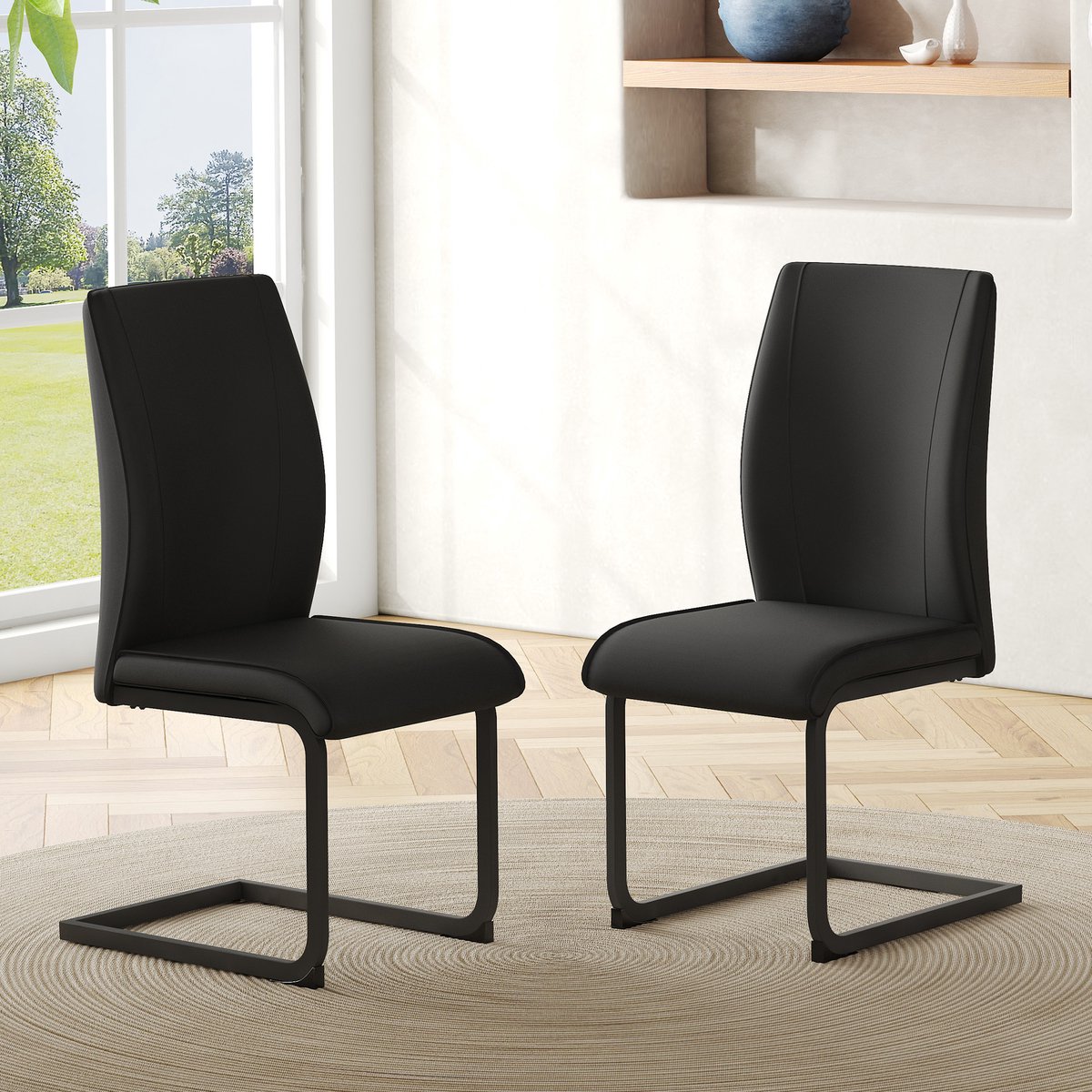 MODENUIT Eetkamerstoel - Set van 2 - Ergonomische Rugleuning & Metalen Poten - Voor Eetkamer - Kunstleer Zwart