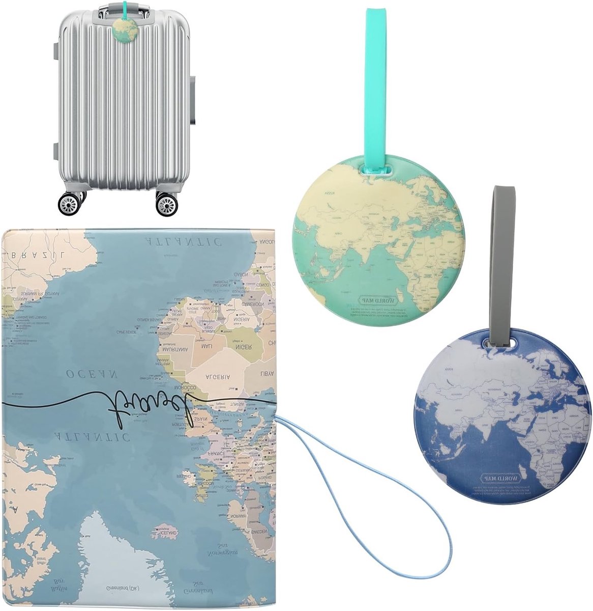 Reislabel Set met Wereldkaart, 4 Stuks Kofferlabels en 1 Paspoorthoes, Ideaal voor Vakantie en Reizen