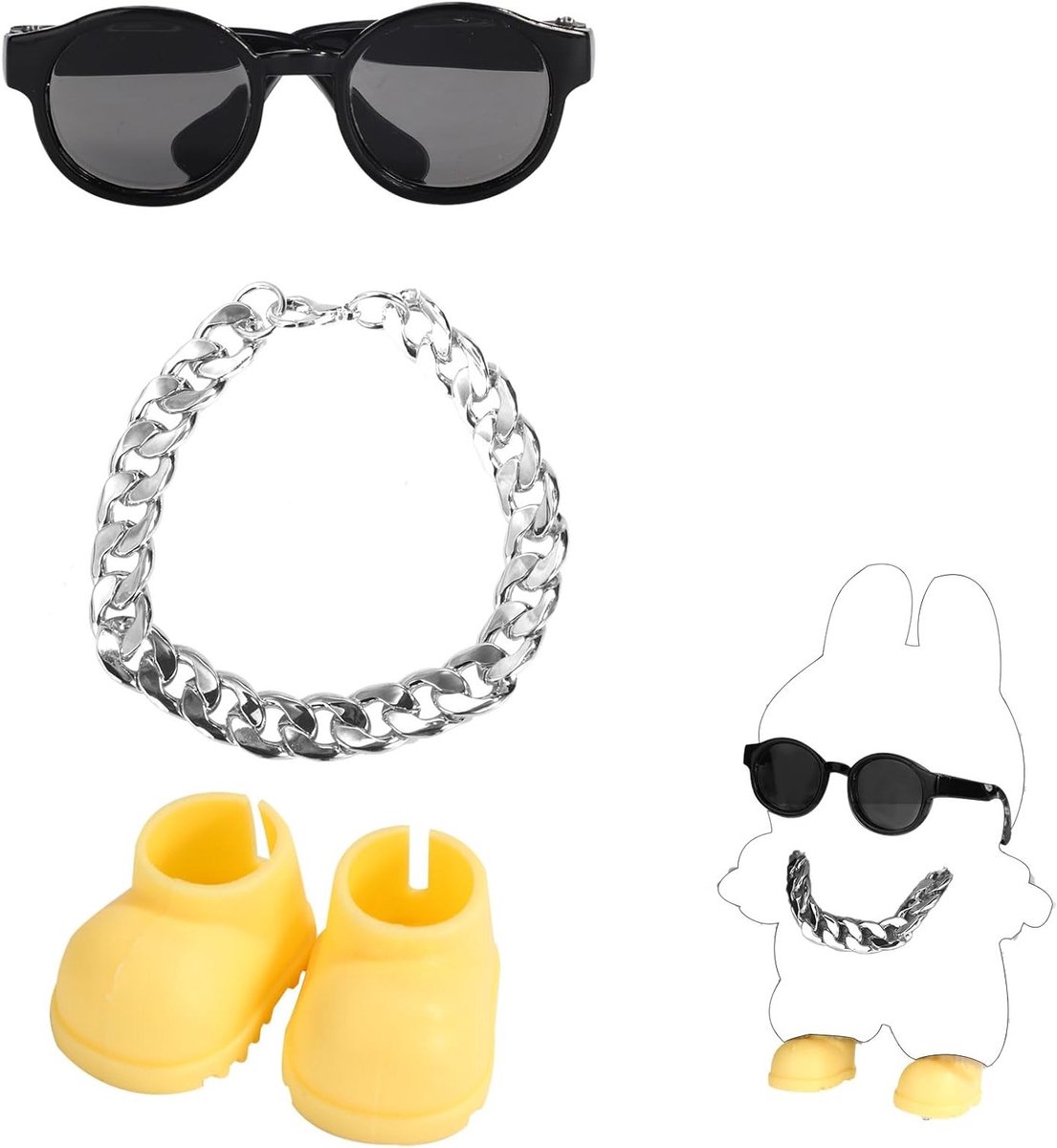 Mode Outfit Set voor Pop, Trendy Zonnebril, Zilveren Ketting en Schattige Gele Schoenen voor Decoratie en Weergave