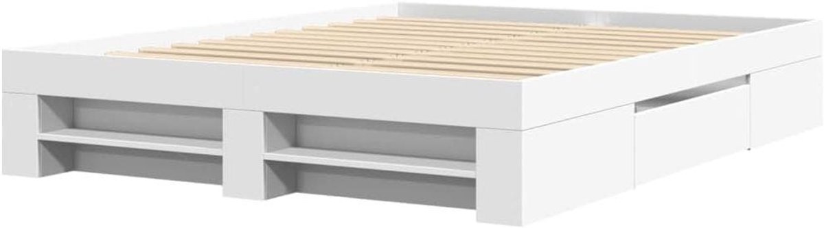Bedframe met Opbergruimte - Houten Bed Tweepersoonsbed - Slaapkamer Organisatie - Ingebouwde Lades en Vakken - 150x200 cm - Wit