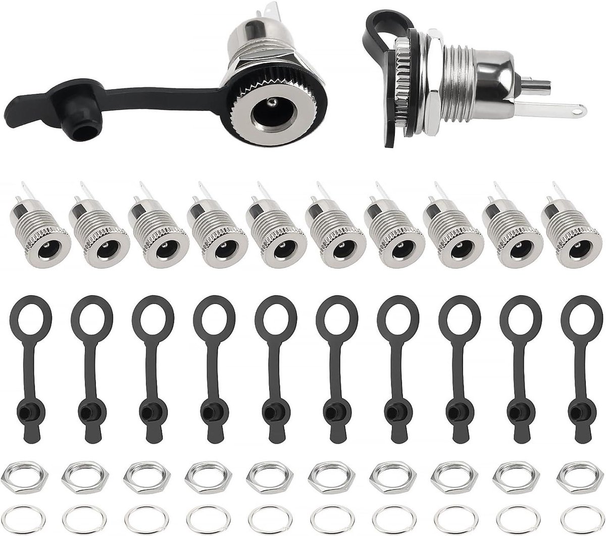 DC Voedingsaansluiting - Paneelmontage Connector - Apparaten Repareren - Met Waterdichte Doppen - 5.5 x 2.1mm - Zilver