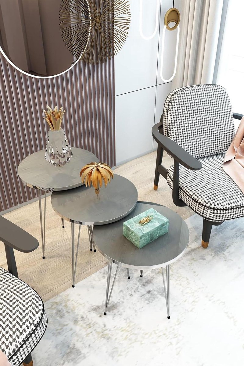 Nesteltafels Rond Hout - Stapel tafels bijzettafels - Woonkamer Decoratie - Metalen Poten - 3 stuks - Grijs