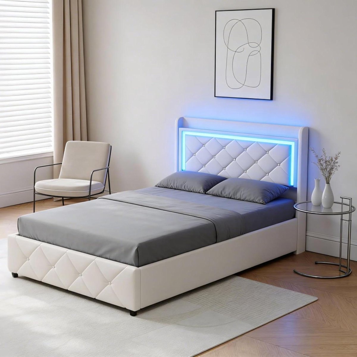 Gestoffeerd Bedframe - Kistbed Eenpersoons - Opbergen en Slapen - Geïntegreerde USB-poort - 90x200 cm - Beige
