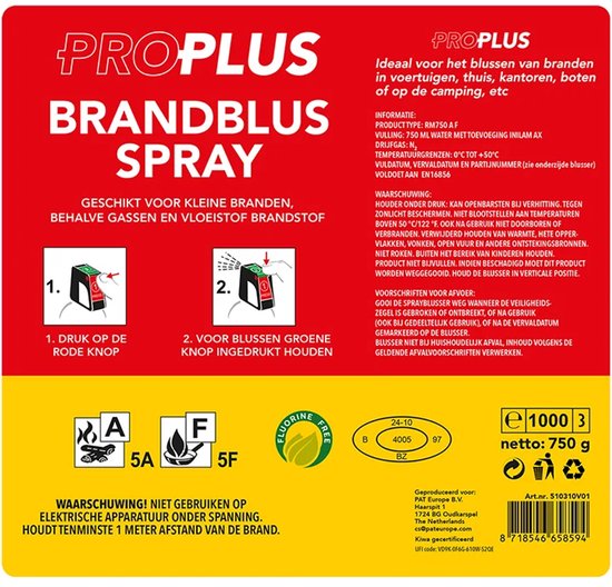 Rode brandblusser spray met gele en witte opdruk. Met instructies, pictogrammen en barcode.