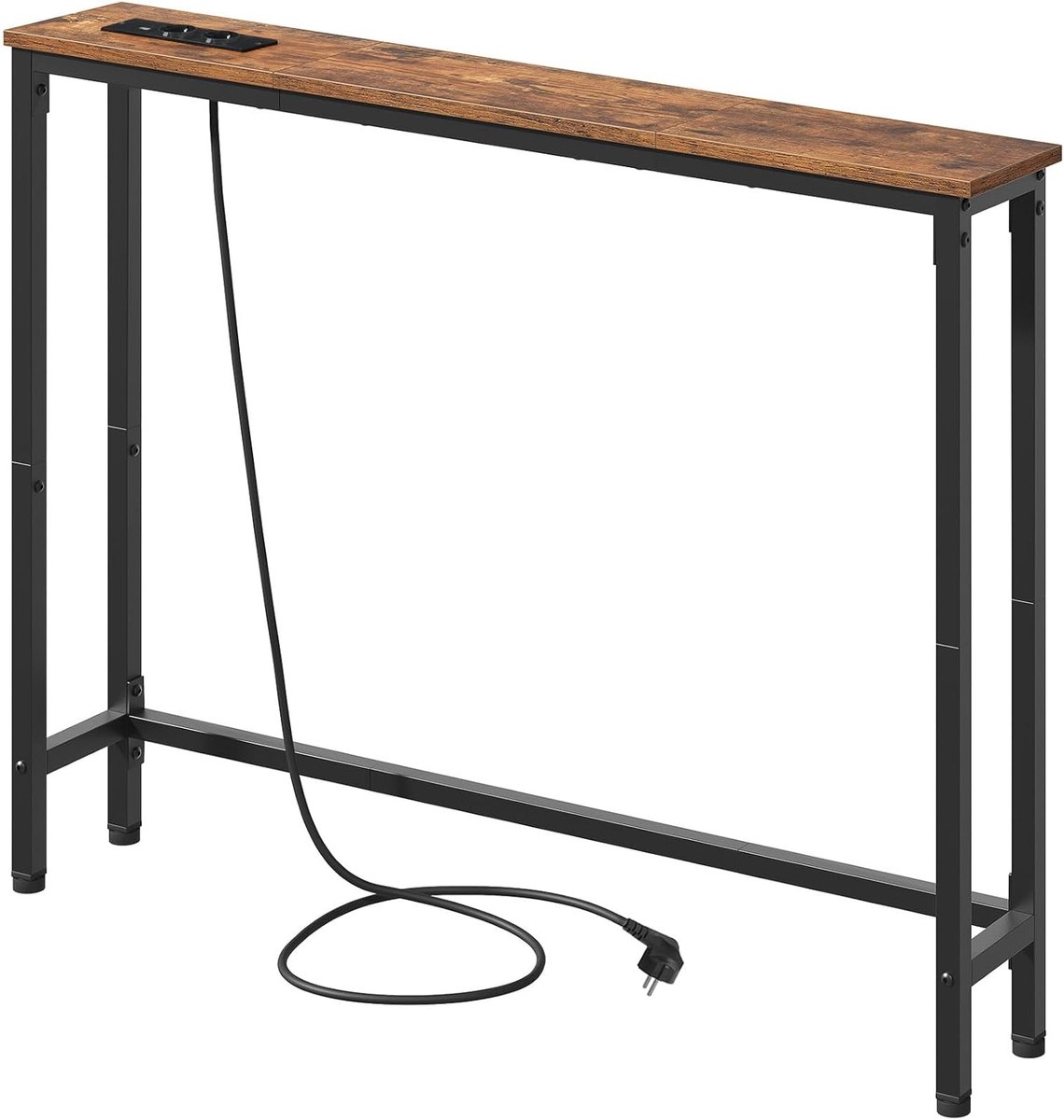 HOMESY Slim Consoletafel, 100 cm Lange Bijzettafel, Salontafel met Oplaadstation, Haltafel, Achter de Bank, In de Woonkamer, In de Gang, Metalen Frame, Vintage Bruin en Zwart