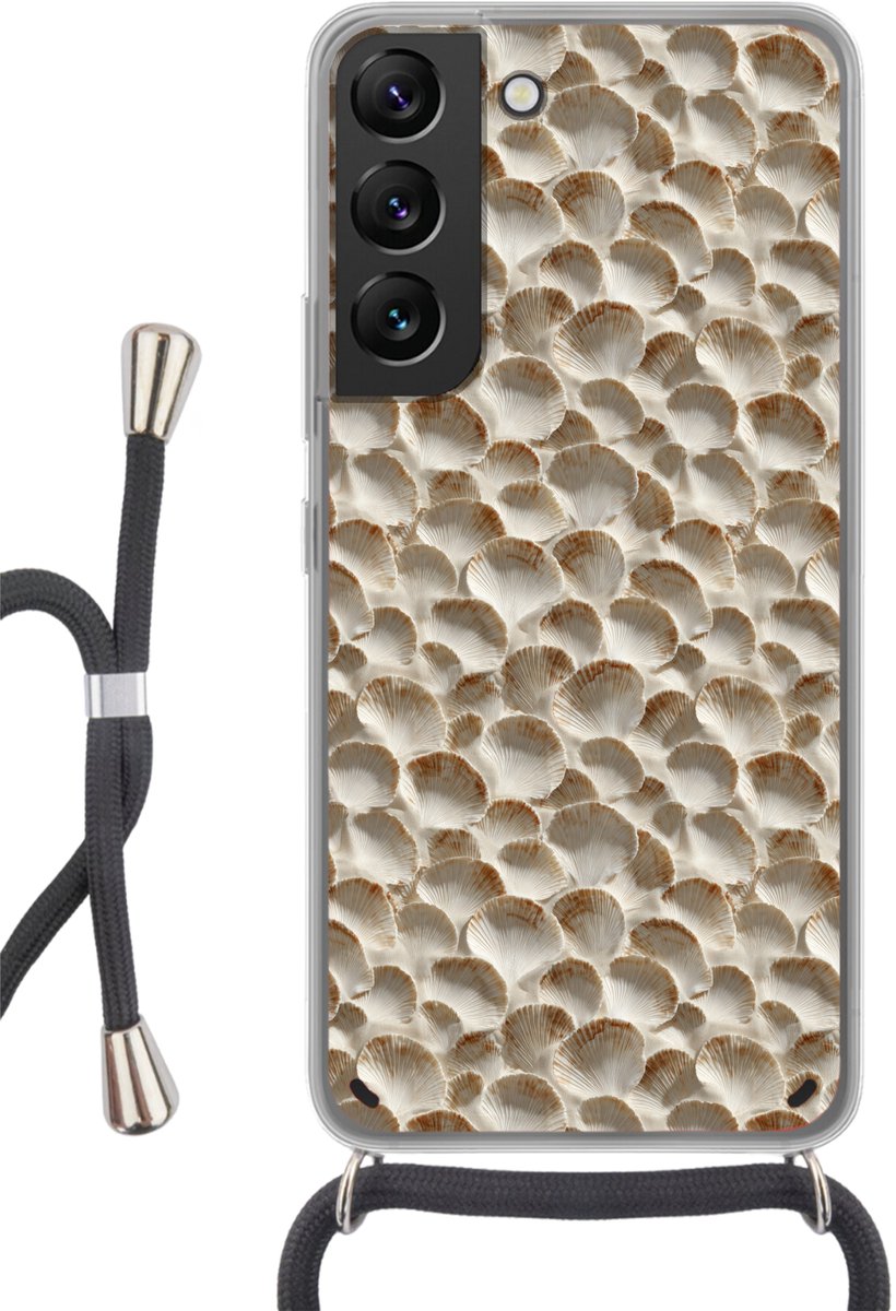 Telefoonhoesje Geschikt voor Samsung Galaxy S22 - Schelpen - Waaiervorm - Wit - Siliconen - Crossbody - Backcover met Koord - Telefoonhoesje met koord - Hoesje met touw Telefoonhoesje