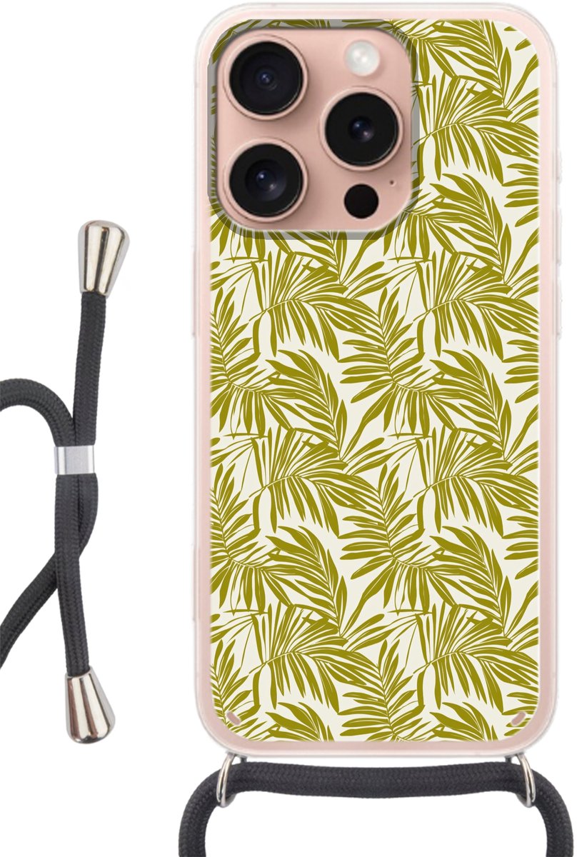Telefoonhoesje Geschikt voor iPhone 16 Pro - Palmblad - Patroon - Groen - Siliconen - Crossbody - Backcover met Koord - Telefoonhoesje met koord - Hoesje met touw Telefoonhoesje